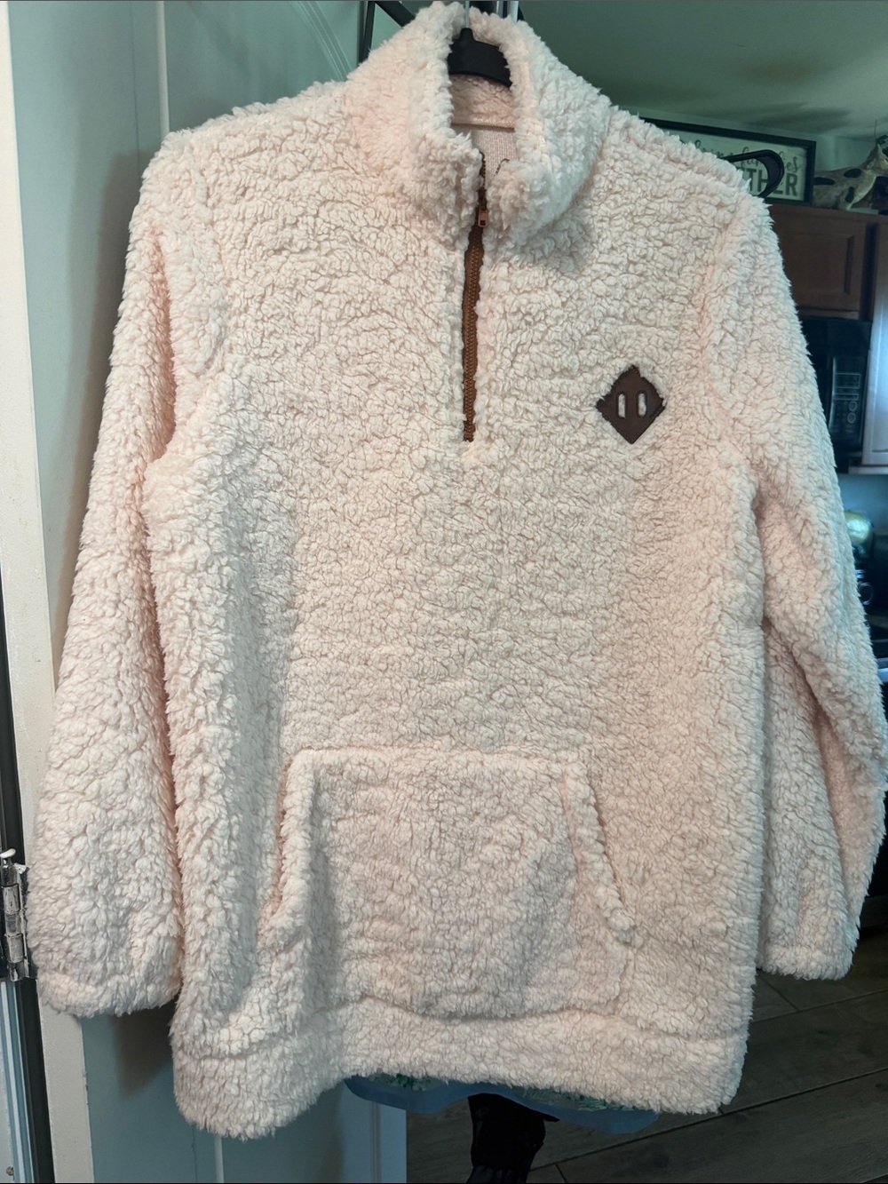 Plush Quarter Zip Sherpa Pullover - Beige with Kangaroo Pockets.